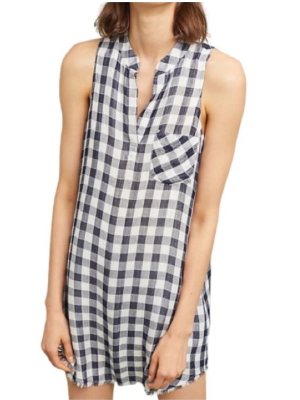 ANTHROPOLOGIE CLOTH & STONE Blue Buffalo Check Raw Hem Button Back Mini Dress